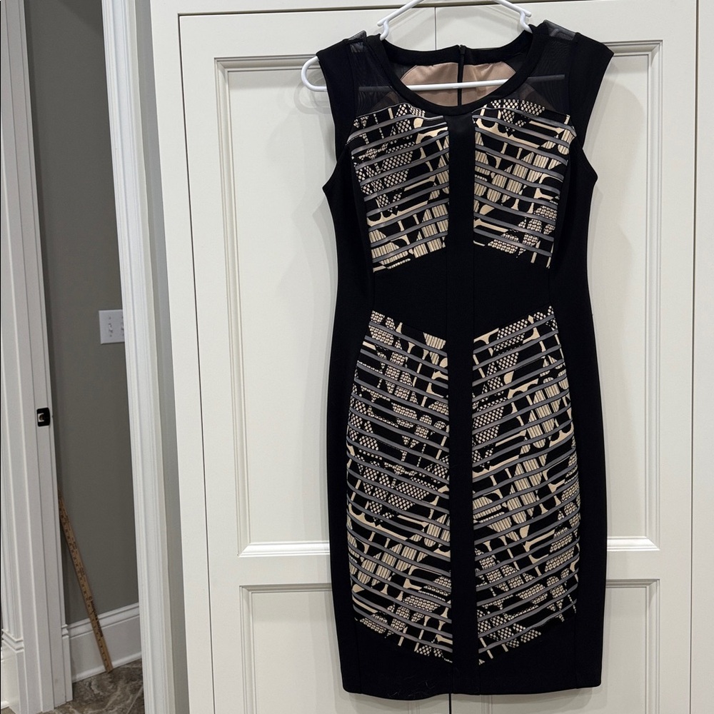 Joseph Ribkoff Dress Womens 10 Black Beige Sheer Mesh Illusion Bodycon Cocktail